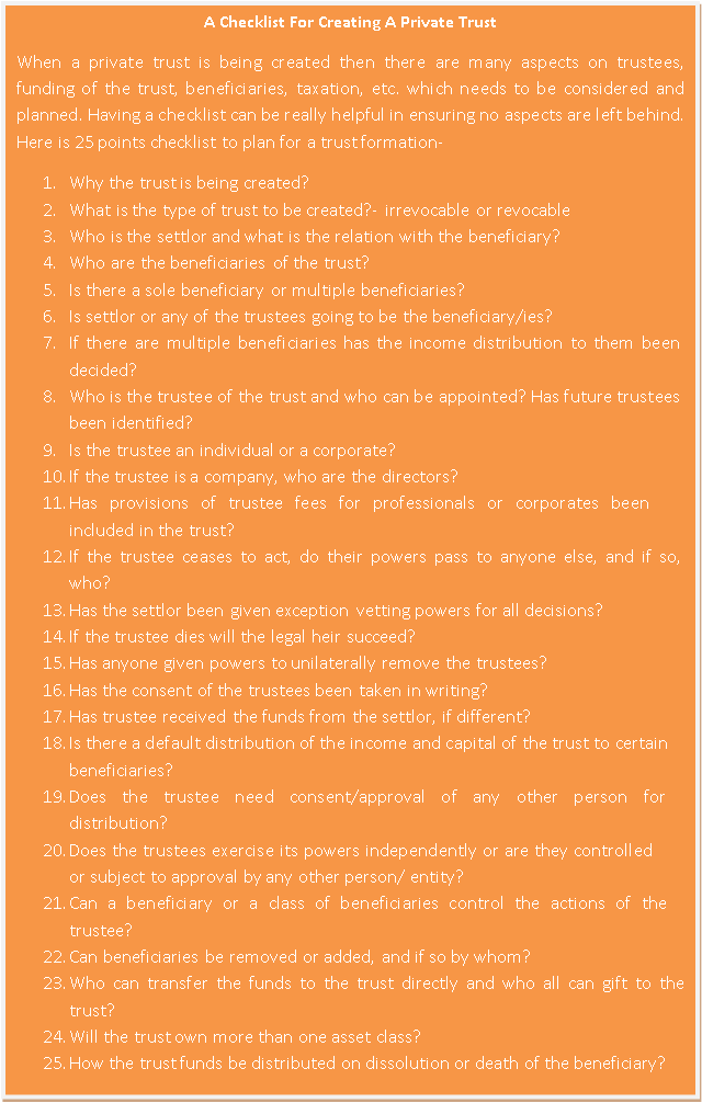 Checklist for a private trust